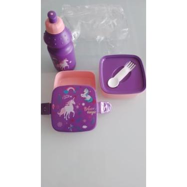 Imagem de Conjunto de Lancheira Infantil com Unicórnio, Roxo e Rosa, com Garrafa de Água e Spork, Tema Mágico