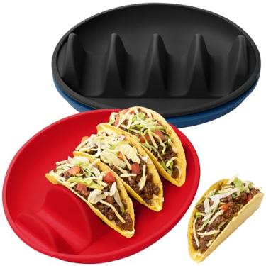 Imagem de Pacote com 3 pratos de silicone para tacos com moldura reforçada de metal, suportes de silicone AODISTUCE com 4 divisórias, suporte reutilizável para taco, bandeja de taco, conjunto de servir para