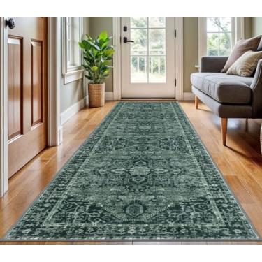 Imagem de KOZYFLY Longos corredores para corredores, tapete de cozinha lavável com estampa de lã sintética para quarto, entrada, escadas, cozinha, corredor, uso interno, verde escuro