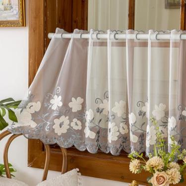 Imagem de vctops Cortinas de janela bordadas florais rústicas de voile branco com borda recortada, saia curta semitransparente com filtragem de luz para quarto, sala de estar, decoração de casa (cinza, 140 x 61