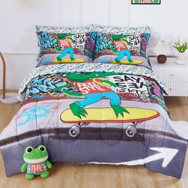 Imagem de Viviland Jogo de cama infantil de skate de crocodilo descolado, conjunto de edredom de tamanho casal, com tema de graffiti de rua para crianças