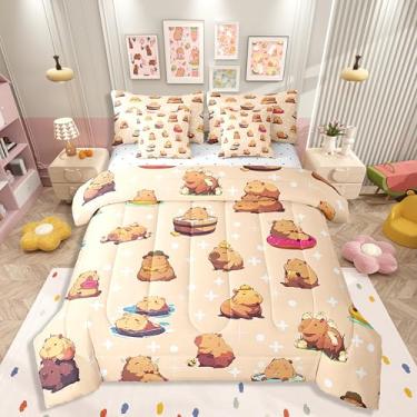 Imagem de Erosebridal Jogo de cama infantil casal de capivara, 7 peças, animais roedores fofos, para meninos e meninas, cama de capivara marrom engraçada em uma bolsa, conjunto de lençol kawaii com edredom