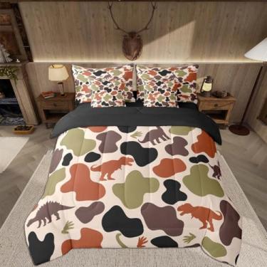 Imagem de Feelyou Conjunto de edredom camuflado de dinossauro com 7 peças, solteiro, estampa digital 3D, para crianças, meninos, meninas, verde, camuflagem, selva, dinossauro, decoração de quarto, cabana e