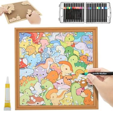 Imagem de Moldura de quebra-cabeça de madeira faça você mesmo, quebra-cabeça para colorir de madeira com cola de caneta de 24 cores, moldura para fotos de dinossauro/monstro, pintura à mão, para colorir de