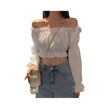 Imagem de Blusa Branca De Manga Longa Com Ombros Descidos E Mangas Bufantes Para