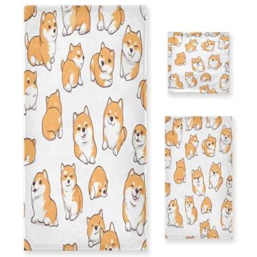 Imagem de xigua Conjunto de toalhas de banheiro Kawaii Shiba Puppy Absorvente Macio 3 Peças Toalha de Banho Toalha de Mão Toalhas Decorativas para Banheiro Academia Hotel Praia Piscina