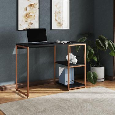Imagem de Mesa Escritório Berlim Industrial Com Prateleira Ferro Cobre Tampo 110x46 Preto