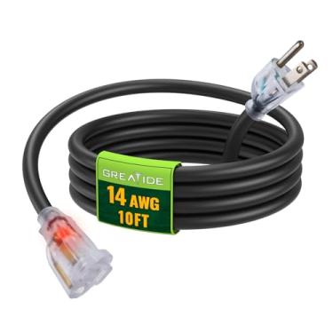 Imagem de GREATIDE Cabo de extensão externo iluminado de 3 metros 14/3 – Cabo de extensão preto resistente SJTW calibre 14 com plugue aterrado de 3 pinos, ótimo para gramado, jardim, eletrodomésticos