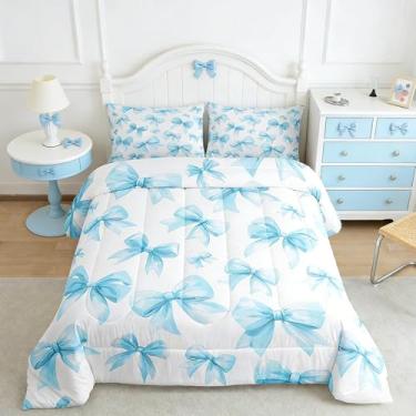 Imagem de Feelyou Jogo de cama solteiro com laço azul, para crianças, meninos, meninas, princesa, edredom kawaii, decoração de quarto de microfibra, 2 peças com 1 fronha