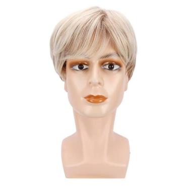 Imagem de Peruca de cosplay genérica curta e reta loira marrom para homens - yiw