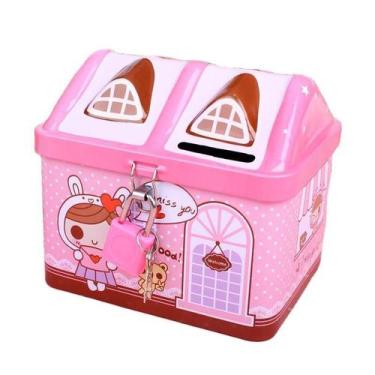 Imagem de Banco de moedas de metal Piggy Bank Cartoon House com fechadura para c