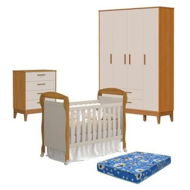 Imagem de Quarto de Bebê 4 Portas com Cômoda Gaveteiro Flip e Berço Americano Da