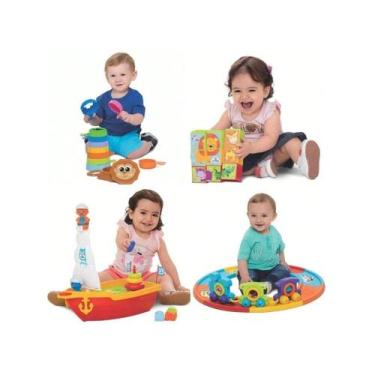 Imagem de 4 Brinquedo Didatico: Trem Com Trilho, Empilha Macaco, Mega Barco E Cu