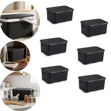 Imagem de Kit 6 Caixa Organizadora Rattan Grande 16 Litros Com Tampa Preto - Nit