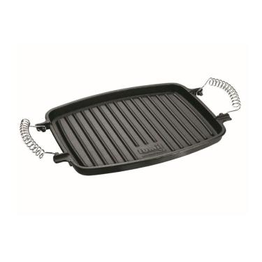 Imagem de Chapa Grill Retangular Ferro Fundido Alça Espiral Base Estriada para Carnes Preto Panela Mineira