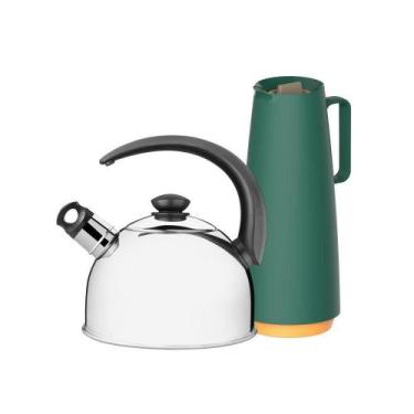 Imagem de Kit Chaleira em Aço Inox com Apito 2,1L e Bule Garrafa Térmica 1L Verd