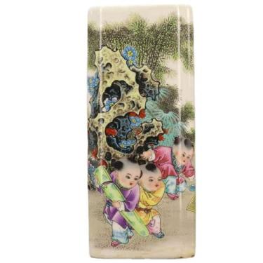 Imagem de 17,2 cm Famille Rose Suporte de caneta com estampa de figuras de porcelana antiga coleção ornamentos