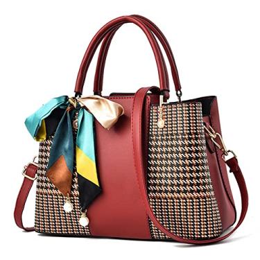 Imagem de Bolsa grande para mulheres bolsa transversal com alça superior feminina xadrez elegante bolsa com alça ajustável, Vermelho