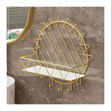 Imagem de KIZQYN Prateleira de banheiro prateleira de banheiro toalheiro de metal montado na parede prateleira de armazenamento de cosméticos com 5 ganchos prateleiras de parede de banheiro (cor: latão)