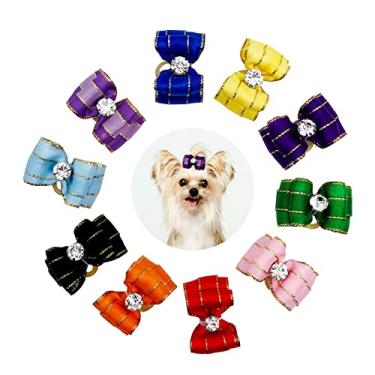 Imagem de JpGdn 10 pares/20 peças laços de pelo de cachorro pequeno com elásticos e laços de cabelo de cachorro de strass para meninas e meninos pequenos médios cães gato animais de estimação cabelo roxo rosa azul nó flor acessórios acessórios de cuidados