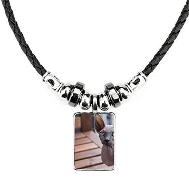 Imagem de DIYthinker Colar com foto de gato de orelha grande animal, colar para fotografia, joias, torque, pingente de corda de couro