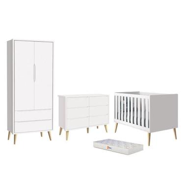 Imagem de Dormitório Completo Infantil Theo 2 Portas, Cômoda 6 Gavetas, Berço com Pés Madeira Natural e Colchão D18 - Reller Móveis
