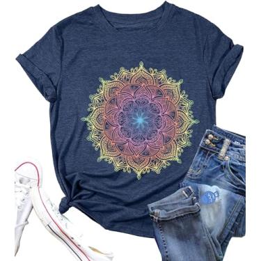 Imagem de Camiseta mandala feminina com estampa de flor de lótus, retrô, mandala, verão, casual, férias, Azul marinho, GG