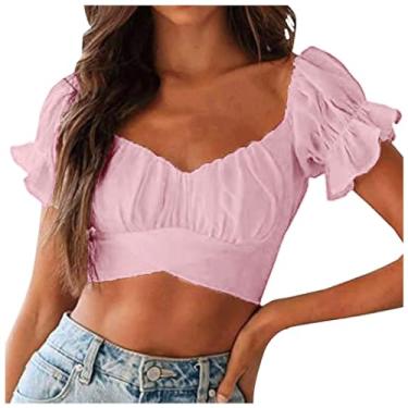 Imagem de Lainuyoah Camisetas femininas modernas cropped sexy 2024 primavera camisetas de trabalho manga bufante crop top tie up off shoulder shirt, A - rosa, M