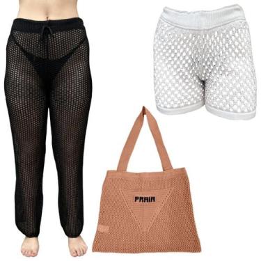 Imagem de Kit Feminino Tricot Calça Saia Bolsa Croche Saida de Praia Moda Verão 