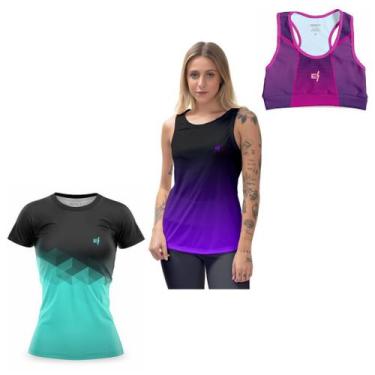 Imagem de Kit Camiseta Academia Feminina UV 50 Regata Cavada Top Cropped Fitness