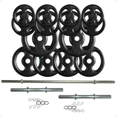 Imagem de Kit 60 Kg de Anilhas Ferro + 2 Barras Maciças Zincada 40cm e Barra de 