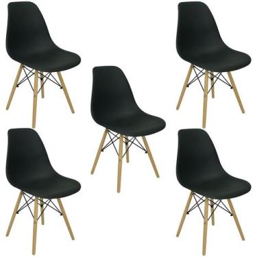 Imagem de Kit com 5 Cadeiras Charles Eames Eiffel Pretas Base de Madeira, Design