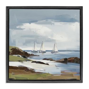 Imagem de Stupell Industries Nuvens temperamentais sobre veleiros com moldura preta flutuante, arte de parede, design de Elara Yasna, 45,7 x 45,7 cm