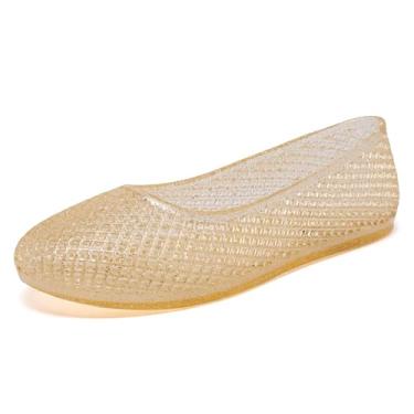 Imagem de Lurnyet Sapatilhas de balé femininas Jelly Mesh transparentes, vazadas, sem cadarço, casuais, bico redondo, Glitter dourado, 37