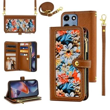 Imagem de Furiet Capa carteira floral para Motorola Moto G 5G 2025 com alça de pulso/ombro flip com zíper, suporte de cartão de crédito de couro PU de luxo acessórios para celular G5G 5 G G5 feminino marrom