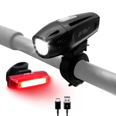 Imagem de BV Conjunto de luzes de bicicleta super brilhantes recarregável por USB – farol e lanterna traseira, à prova d'água IP44, 3 modos de luz, incluindo modo flash para segurança, fácil de instalar e serve