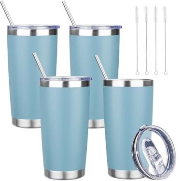 Imagem de Copo de 590 ml com tampas e canudos, caneca de café de viagem com isolamento de aço inoxidável, copos isolados a vácuo de parede dupla, copo de café revestido em pó para bebidas frias e quentes (azul