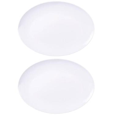 Imagem de Kit 2 Travessas Oval 32x25cm Rasa Porcelana Branca Servir Salada Petiscos Aperitivos