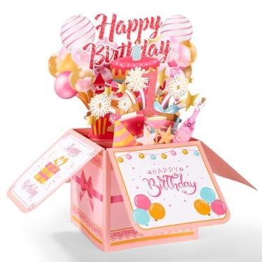 Imagem de Cartão Pop-up de Feliz Aniversário, Cartão Colorido Feliz Aniversário 3D com Envelope Presente Criativo para Festa de Filha Irmã e Amigas (1 Ano Idade)