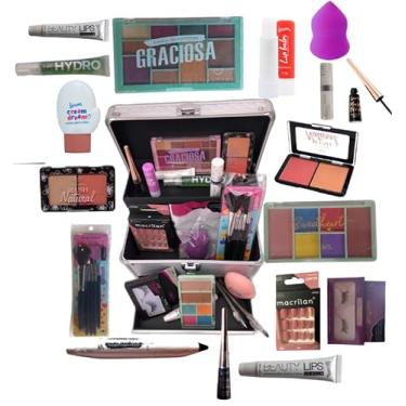 Imagem de Maleta de Maquiagem Profissional Jasmyne Luisance Macrilan Rubys 129 Sombra Base Pincel Iluminador Lápis Pó Blush Primer Máscara Cílios Batom Lip Balm Demaquilante Delineador Esfumar Kabuki Completa