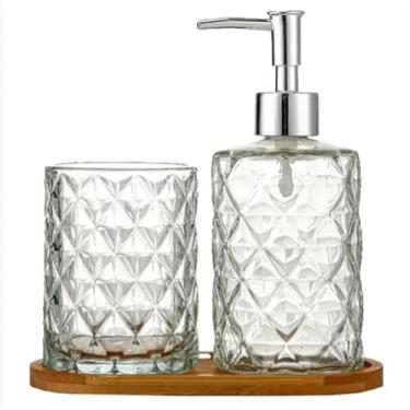 Imagem de Kit Banheiro Luxuoso em Vidro com Padrão Diamante, 3 Peças com Dispensador, Base Bambu, 18 x 17 x 8,5 cm (Tampa Prateada)
