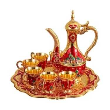 Imagem de SiaBiced Conjunto de bule de café turco, kit de bule de vinho de metal, design retrô, conjunto de de luxo europeu para bar, Vermelho