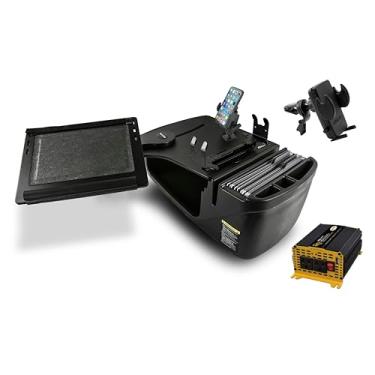 Imagem de AutoExec AE-RDFS-PI-PS-PM-VC-BT Reach Desk banco frontal para carro e estação de trabalho portátil com inversor de potência de 400 watts, suporte para impressora, suporte para telefone e clipe de