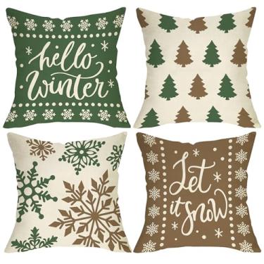 Imagem de Fjfz Capa de almofada decorativa Hello Winter verde marrom 45,7 x 45,7 cm, conjunto de 4, Let It Snow Pinheiro, floco de neve, varanda, decoração de casa, decoração de casa, sofá sazonal de Natal