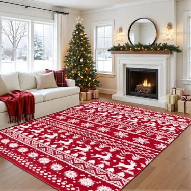 Imagem de U'Artlines Tapete vermelho de Natal para sala de estar, tapete lavável de 1,5 x 2,12 m, tapete antiderrapante para o inverno, macio, para quarto, sala de jantar, berçário, entrada