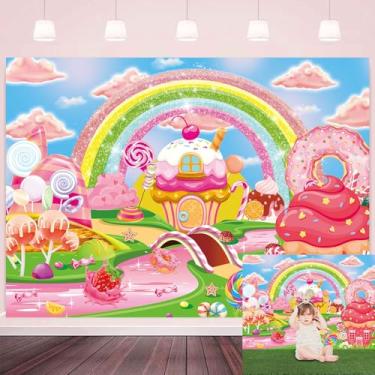 Imagem de Candyland Banner de fundo de castelo arco-íris de desenho animado para crianças, chá de bebê, aniversário, decoração de festa Candyland cabine fotográfica (18 x 1,5 m)