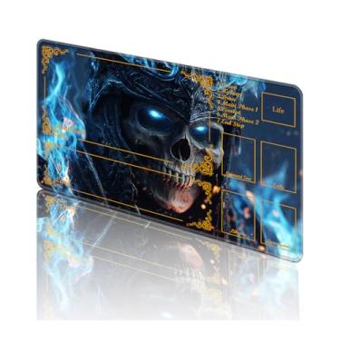 Imagem de TOEMZTFT Tapete de brinquedo para MTG, com bolsas de armazenamento grátis, tapete de jogo 61 x 35,5 cm, TCG e tapete de jogo de tabuleiro para cartas, tapetes de mesa de mousepad, caveira de fogo azul