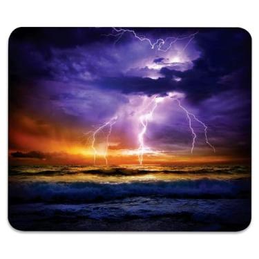 Imagem de Tapete de mouse antiderrapante para jogos e escritório com bordas costuradas 24 x 19 cm - Nature Epic Thunder and The Storm on The Sea Wave Horizon Bad Weather Atmosphere, tapete de mesa de superfície
