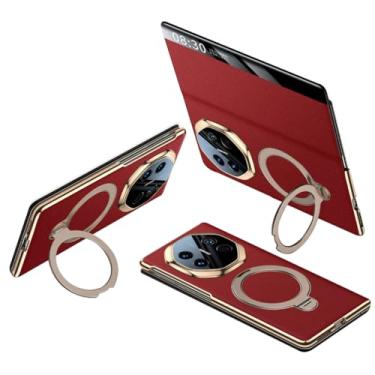 Imagem de FWYANZH Capa de couro para Huawei Mate X6, Smart Clear View Window Flip Cover Suporte de anel magnético Suporte de proteção para câmera Slim Luxury Capa de couro bovino, vermelho, Mate X6