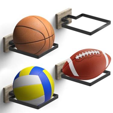 Imagem de MYKASEN 4 peças de suporte de basquete com base de madeira, suporte de exibição de bola para meninos acessórios esportivos organizador e decoração de parede, suporte de bola para armazenamento vôlei